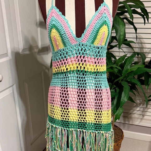 Unbranded Other - Crochet Fringe Swim Coverup Dress in Mint, Pink & Yellow
